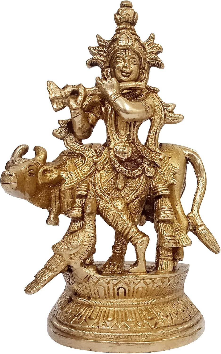 Purpledip Brass Idol Krishna Gopala Govinda with Cow: Collectible Statue for Home Temple Mandir (10914A)