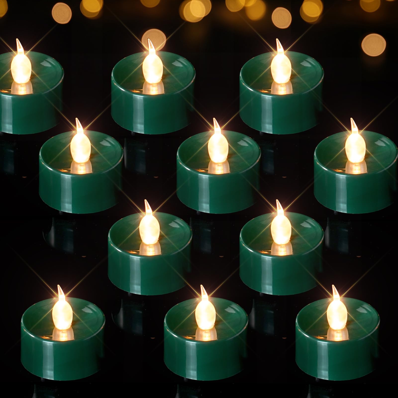 Homemory 24 Pack Green Colour Battery Flicker Tea Lights, Flameless Fake Electric Candle for Halloween, Party, Table Decoration Gift