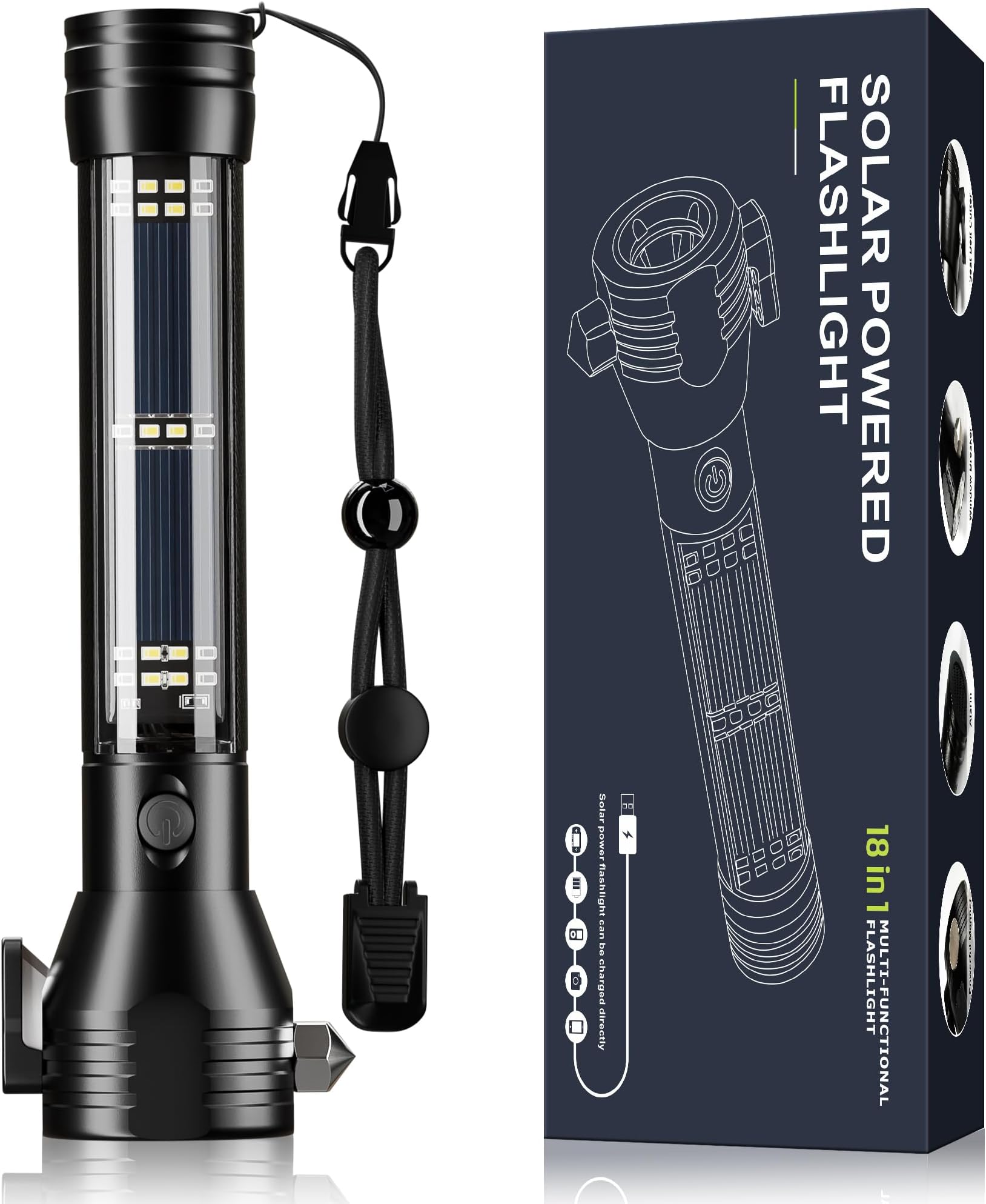 LED Flashlight Solar Power Flashlight,Ultra Bright Flashlight, High Lumens,USB Rechargeable,5 Modes for Outdoor,Camping,Hiking