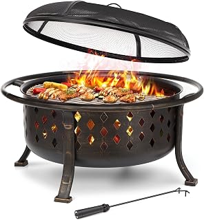 SinglyFire 36 Inch Large Outdoor Fire Pit - Heavy Duty Steel Bronze Wood Burning Bonfire with BBQ Grill, Spark Screen, Poker & Log Grate