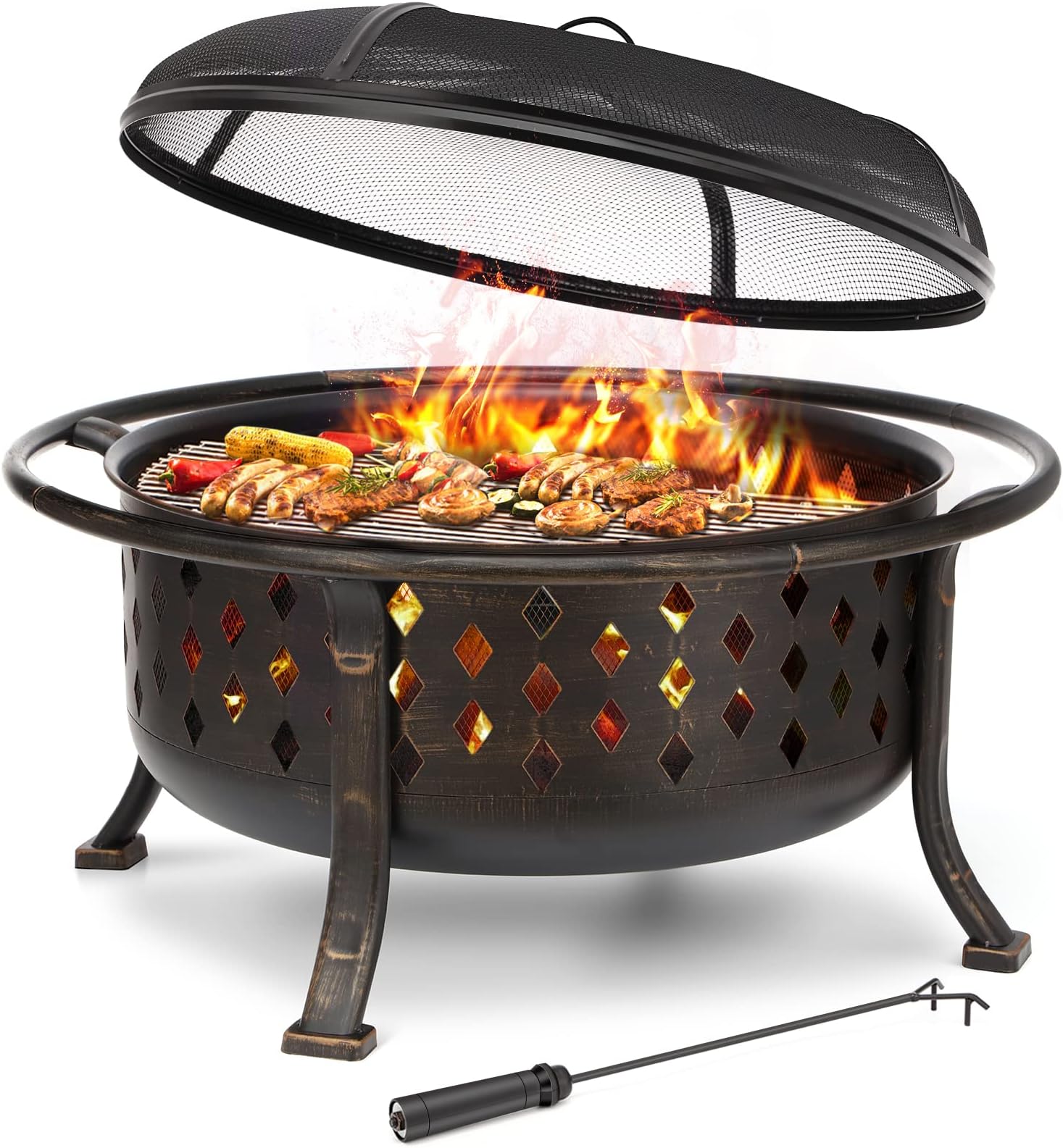 SINGLYFIRE 36 Inch Fire Pits for Outside Large Outdoor Wood Burning Crossweave firepit Heavy Duty Steel Bronze Bonfire Pit for Patio Backyard Garden with BBQ Grate,Spark Screen,Log Grate,Poker