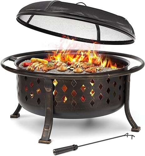 Miniatura 9 de SINGLYFIRE - Hogueras de 30 pulgadas para exteriores con parrilla, hoguera de leña al aire libre grande, cuenco de acero para fogata para patio
