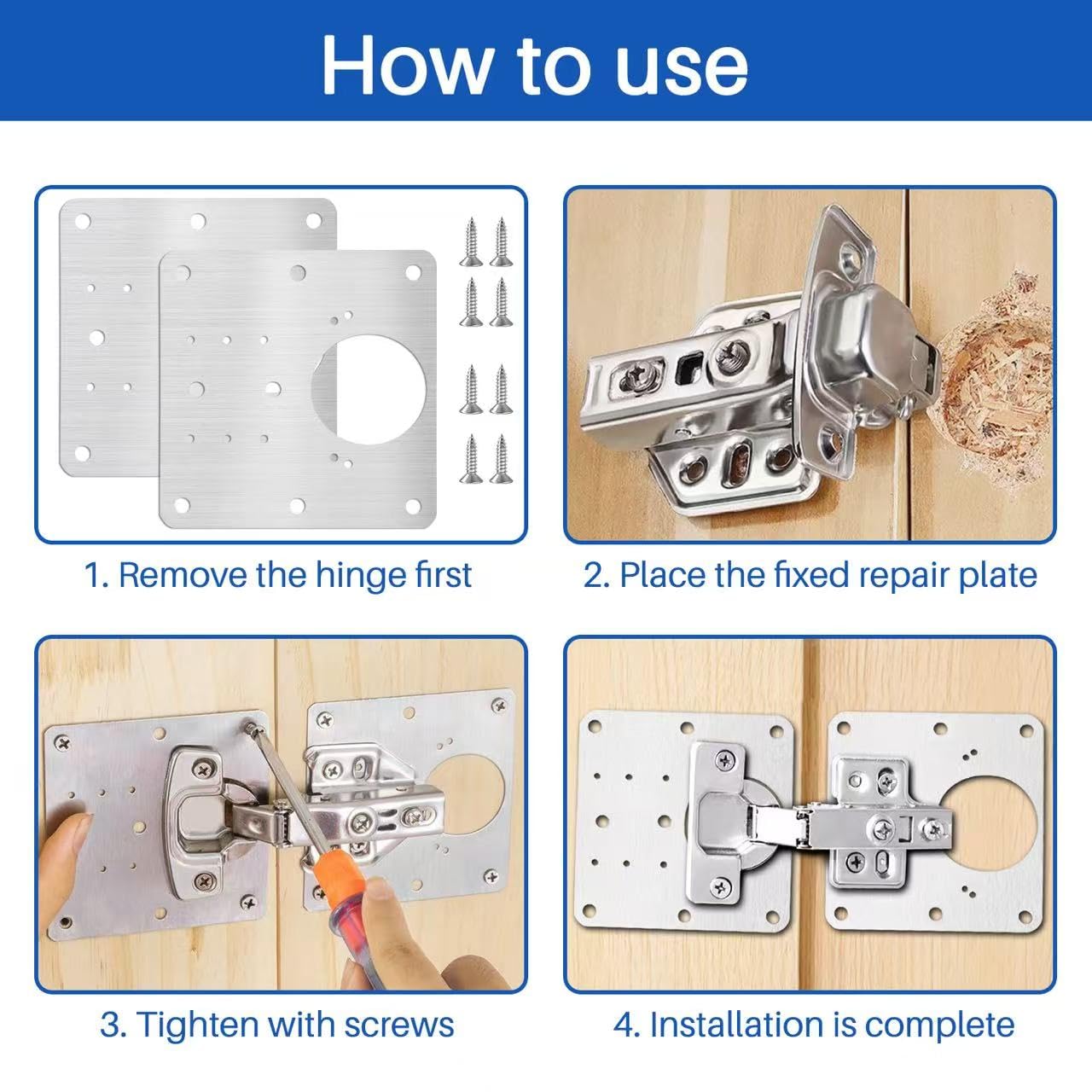 4 Pezzi Piastra Riparazione Della Cerniere in Acciaio inossidabile, 9 ×9 cm, con 24 Viti Riparazione, per Porta Dell'armadietto per Armadi Mobili Cassett Porta Cucina