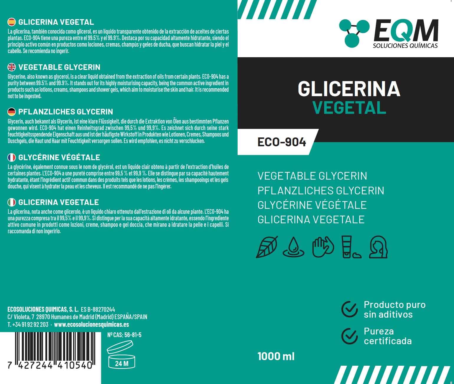 EQM - ECO-904 - Glicerina Vegetal Líquida - 1L - Grado farmacéutico - Hidratante natural cabello y piel - Ideal para jabones, champús, cremas, etc