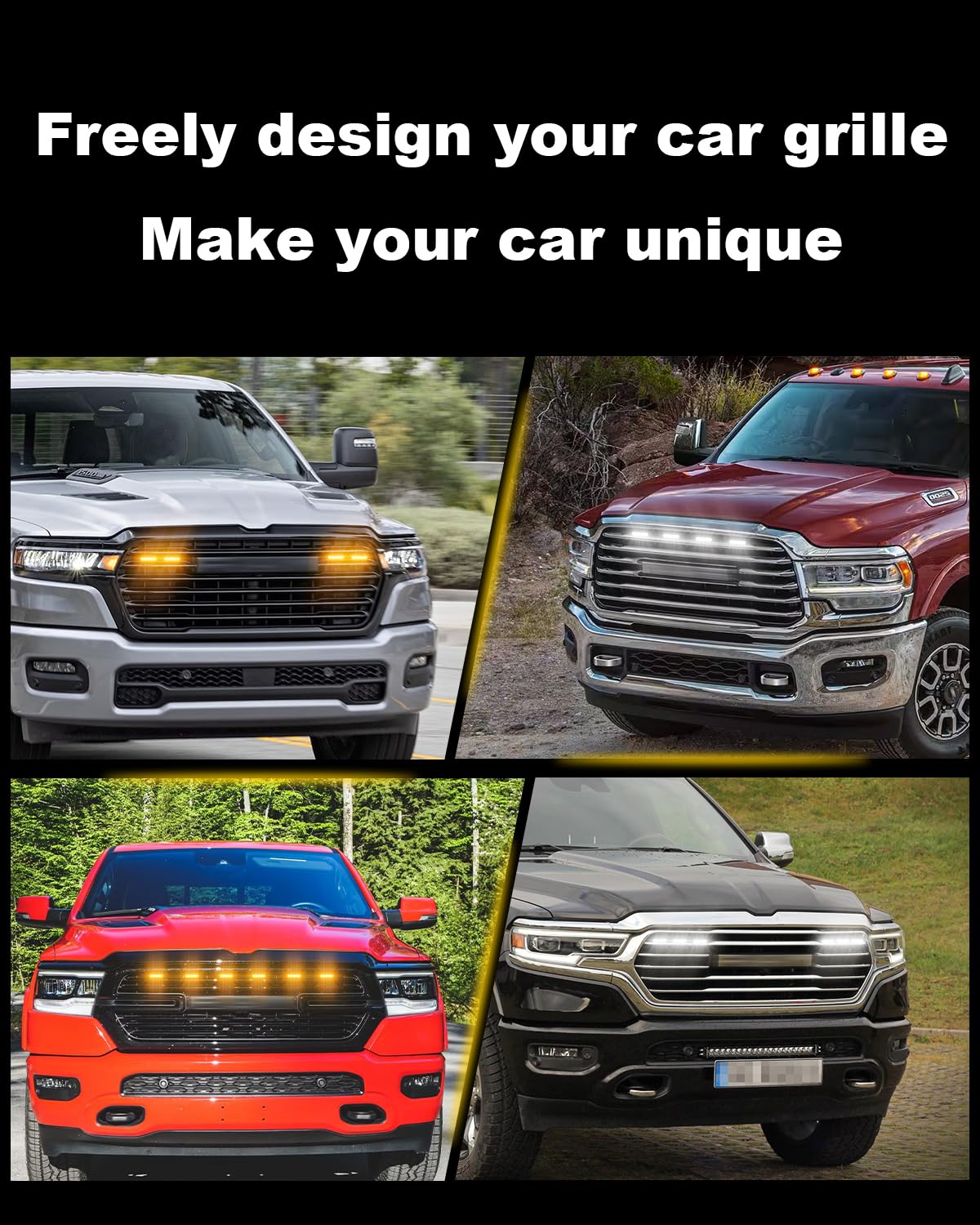 Amber Yellow LED Grille Lights For RAM 1500 2019-2024 - Raptor Style, Smoked Housing
