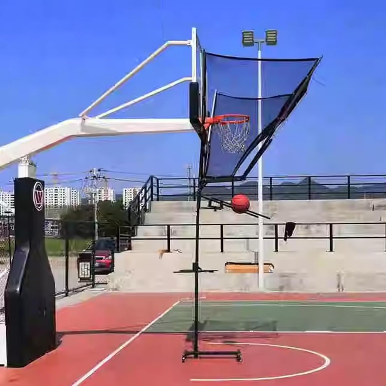 Basketball Shot Return Apparatus Rolling Net Floor Standing Backboard Rebounder Attachment for Traditional Pole/Wall Mounted Hoops Height Adjustable Shooting Racks