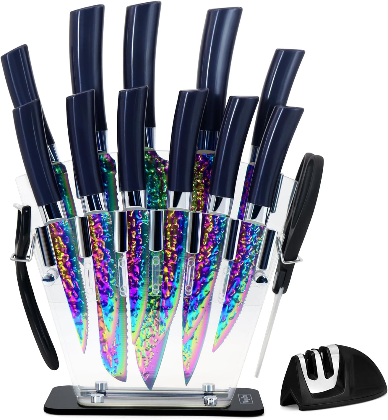 15pcs Blue Kitchen Knife Set, Rainbow Titanium Knife Block Set, High Carbon Stainless Steel Knives Set for Kitchen, Professional Chef Knife Sets for Kitchen with Sharpener Acrylic Block, Best Gift