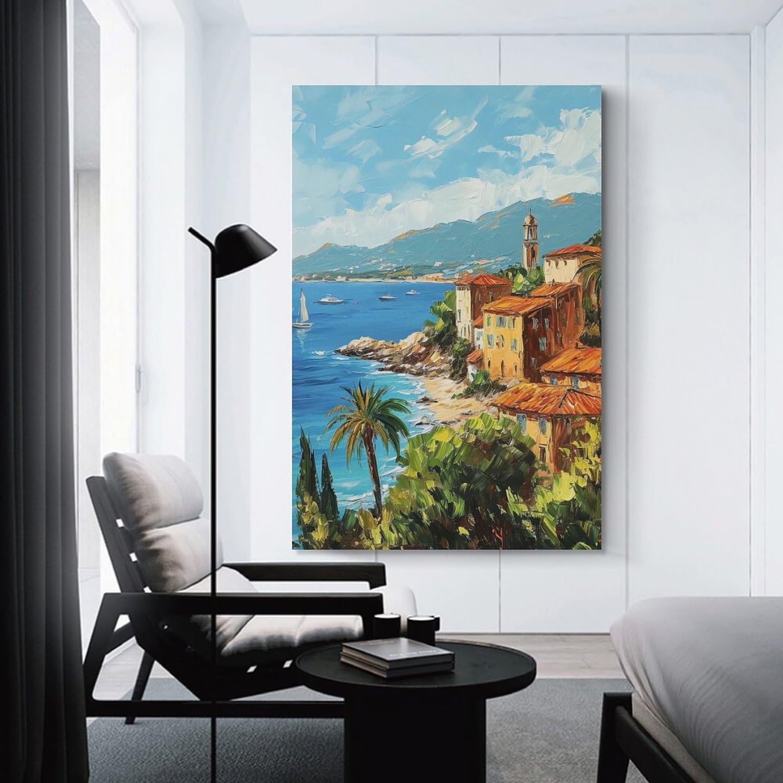 Junmoney Unframe-Style-5 Coastal Town Painting With Sailboat Canvas Wall Decor, 20X30inch(50X75cm), For Flats, Guest Rooms Or Compact Rooms, Decorative Canvas Decor For Home Updates