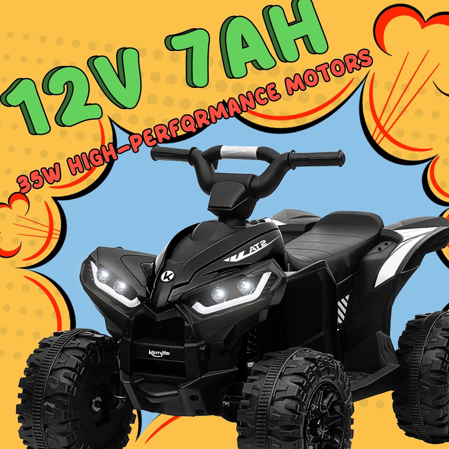 KerryYoo AT2 Kids ATV,12V 4 Wheeler for Kids 3-6,Electric Toddler Ride On Toys,Remote Control, High/Low Speeds, LED Lights, Bluetooth, and Off-Road Tires - Black