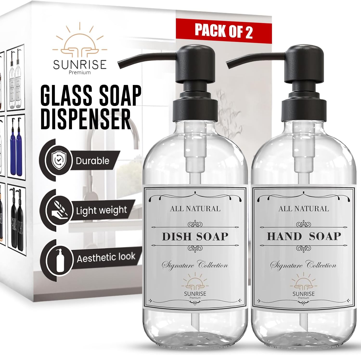 2 Pack Clear Glass Soap Dispenser 16 OZ with Matte Black Stainless Steel Pump, Hand and Dish Soap Dispenser Set for Bathroom and Kitchen Sink with 6 Waterproof Labels