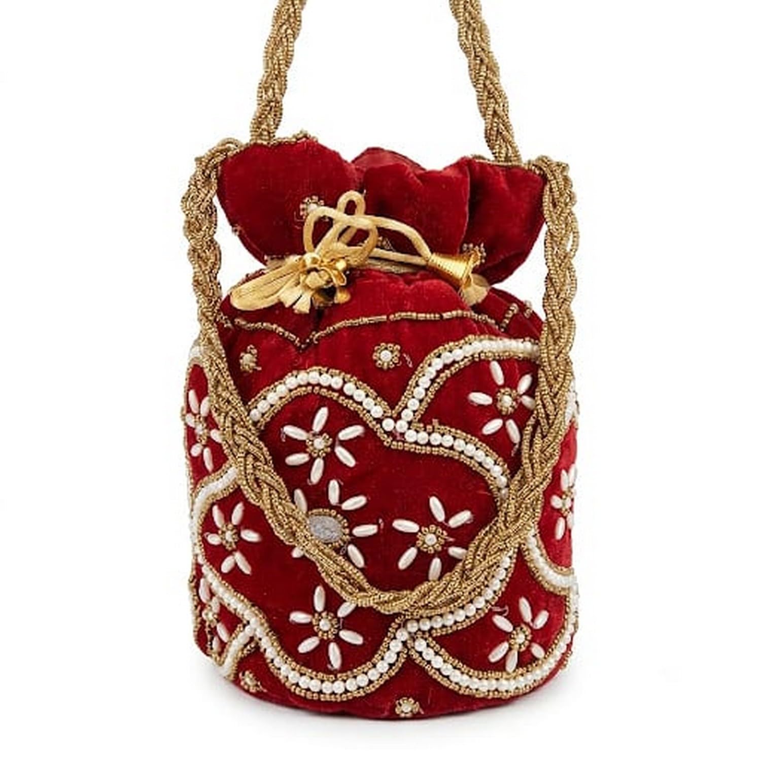 JYOTI APPARELS Women Handmade Velvet Potli Bag | Embroidered Pearl Beaded Drawstring Bucket Purse | Ethnic Wedding Bridal Festive Return Gift Pouch | Designer Handbag (Red)-image-12