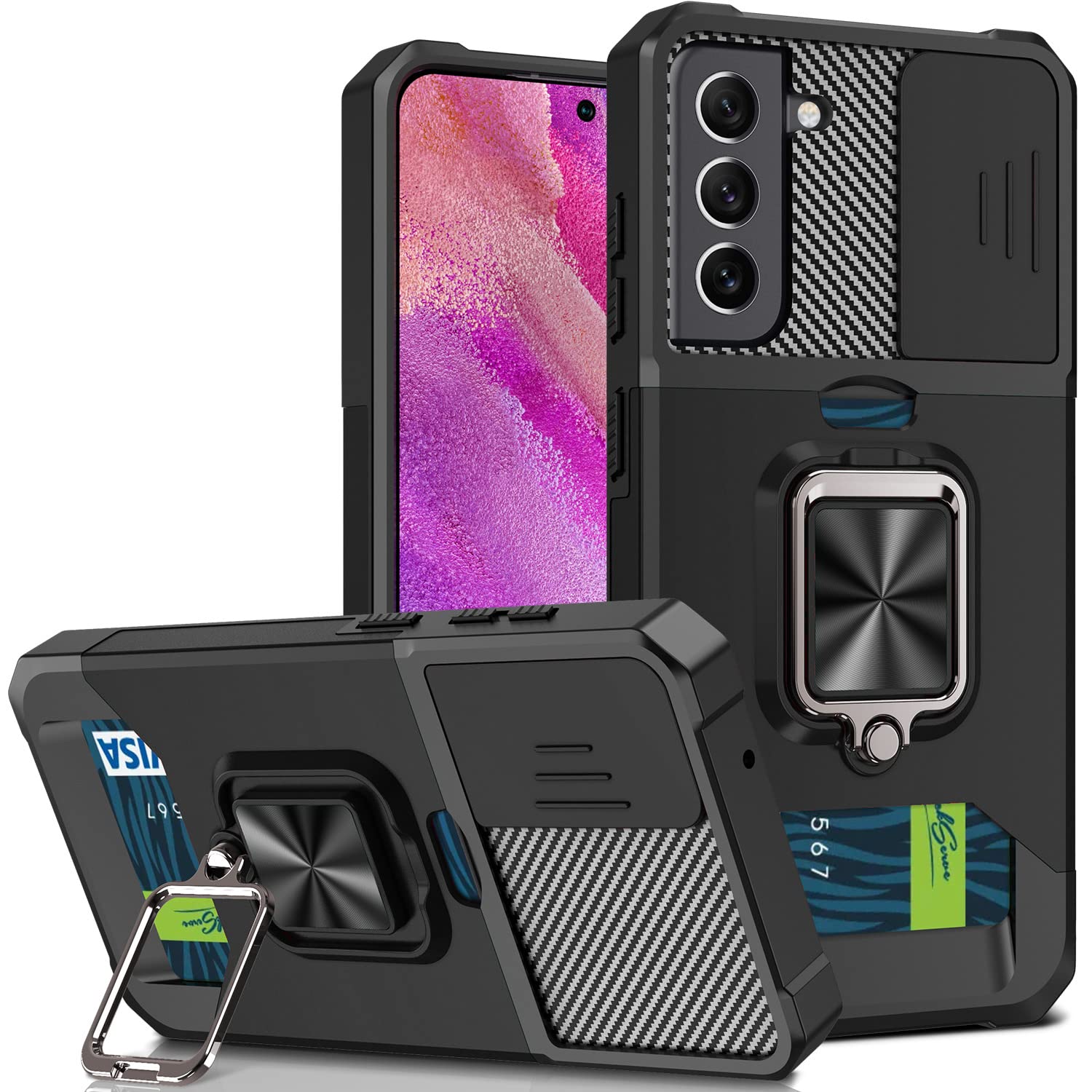 JOMA-E Shop for Samsung S22 Case with Screen Protector, Sliding Camera Cover and Card Holder, Ring Kickstand Military Shockproof Galaxy S22 5G Full Body Protective Shell (Galaxy S22,Black)