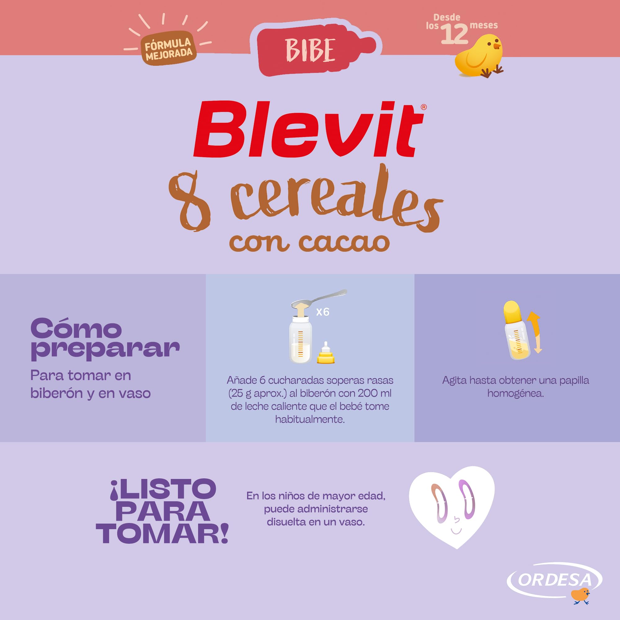 Blevit Bibe 8 Cereales con Cacao 500g Papilla para Bebé 12 meses 14 Vitaminas y Minerales