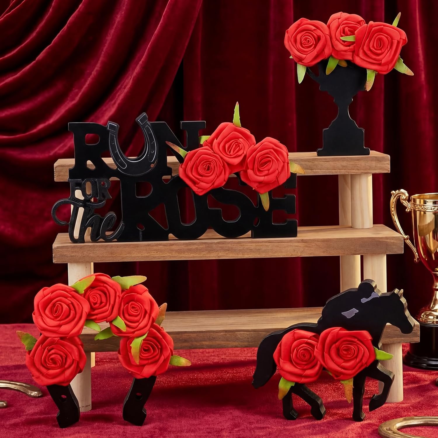 Amyhill 4 Pcs Derby Horse Table Centerpieces with Roses Wooden Horsing Racing Figurines Derby Table Decoration Horse Racing Signs Tiered Tray Decor for Horsing Party Supplies Gift Desk Party