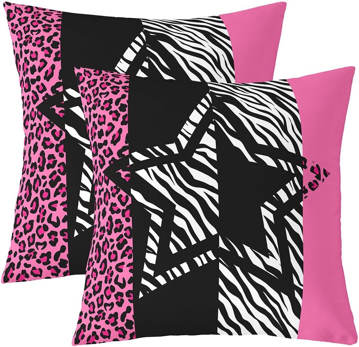 Girly Pink Leopard Print Star Throw Pillow Covers Black White Zebra Stripes Print Cushion Covers for Kids Girls Teens Adults Wild Animal Decor Dreamy Pillow Cases for Bed 24x24 Inch Set of 2