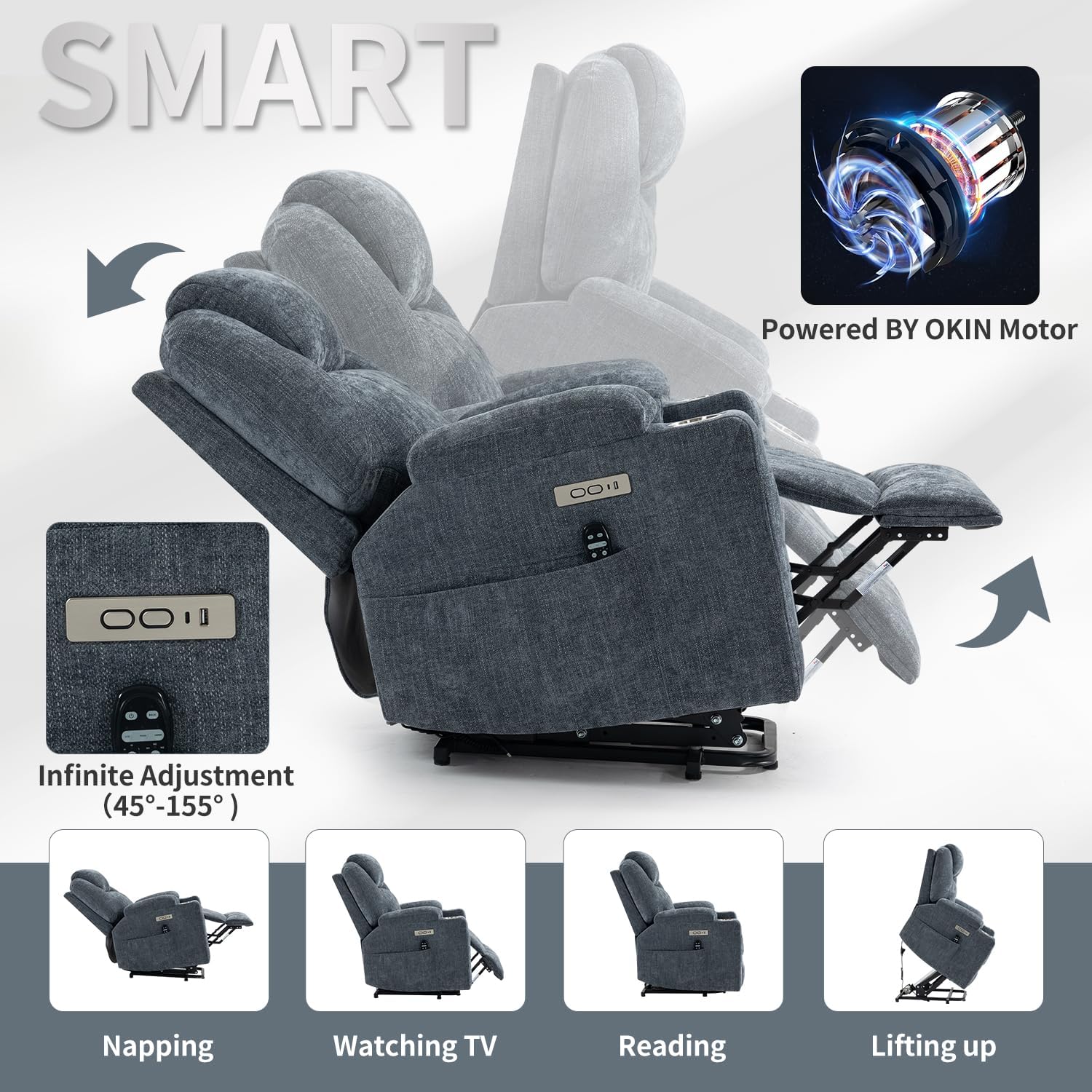 Trustyue Power Lift Chair with Massage & Heat, Electric Recliner Chairs for Adults, Remote Control, Sofa for Living Room, Standing Assistance, USB Ports, Stainless Steel Cup Holders (Chenille Blue)