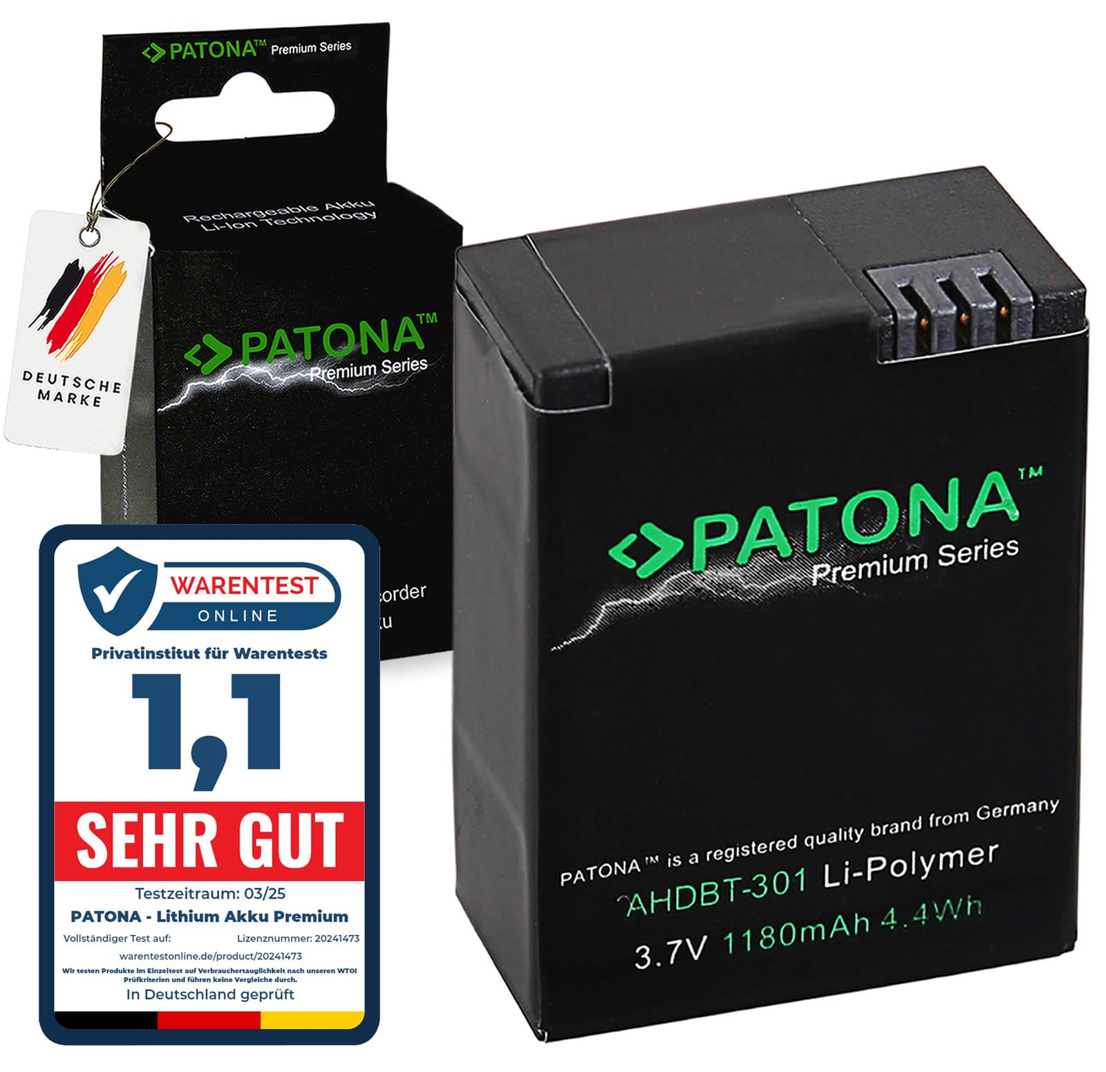 PATONA Premium AHDBT-301 AHDBT-302 Batterie de Rechange 1180mAh Compatible avec Go_Pro HD Hero 3 Hero 3+ HERO3 HERO3+ Black Silver White Edition Rollei Actioncam 420 AHDBT301 AHDBT302 AHDBT 301 302