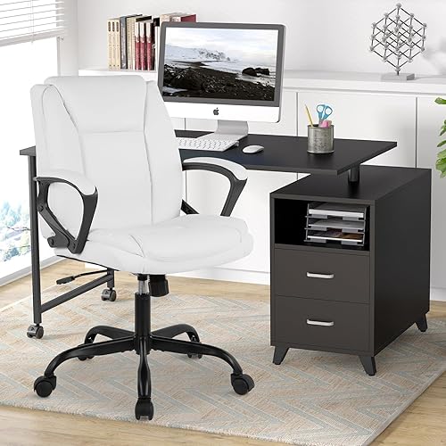 Miniatura 2 de Silla de oficina en casa, silla ergonómica de escritorio de piel sintética, silla de trabajo giratoria con respaldo medio, silla de computadora con
