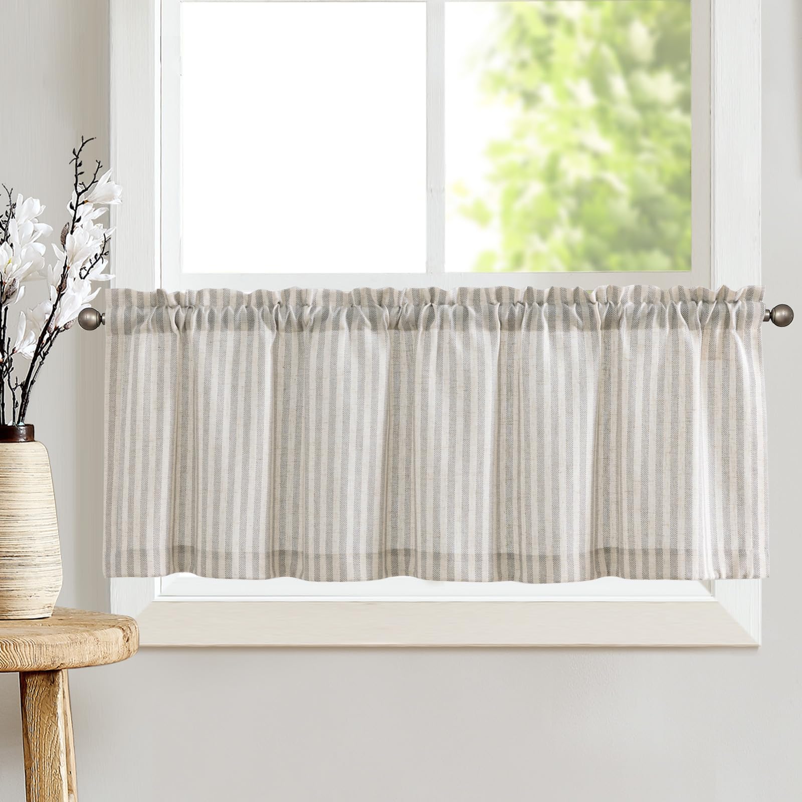 TOPICK Visillo a Rayas, Cortina de Lino con Rayas, Cortina de Cocina, Opaca, Corta, para Cocina, Comedor, baño, pequeña Ventana, 65 x 60 cm, marrón sobre Beige