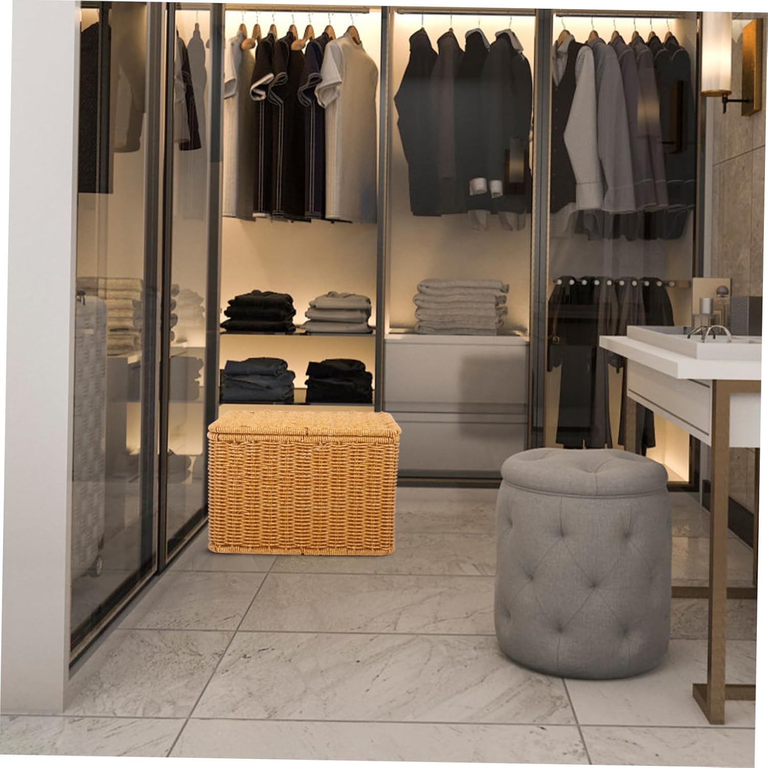 Imitation Rattan Storage Basket with Lid Small Deep Multi Purpose Woven Organizer for Clothes Socks Shoes Laundry Bedroom Bathroom Household Use