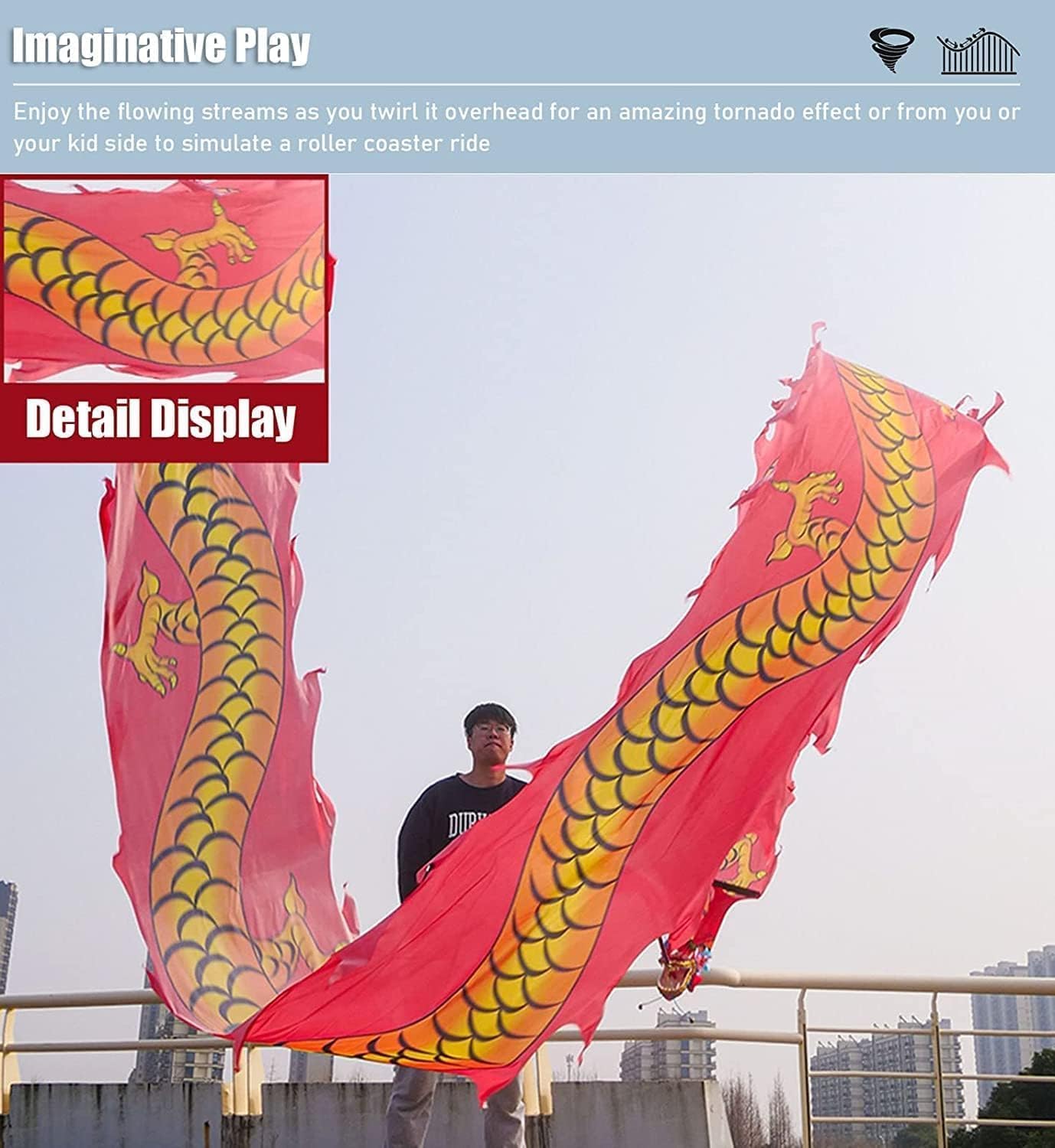 Drago Cinese per Feste Nastro di Danza del Drago con Streamer Seta in Tessuto Testa Fluida Che Agita La Leone Lanciata Feste Cinesi in Italia(A,10m/33ft)
