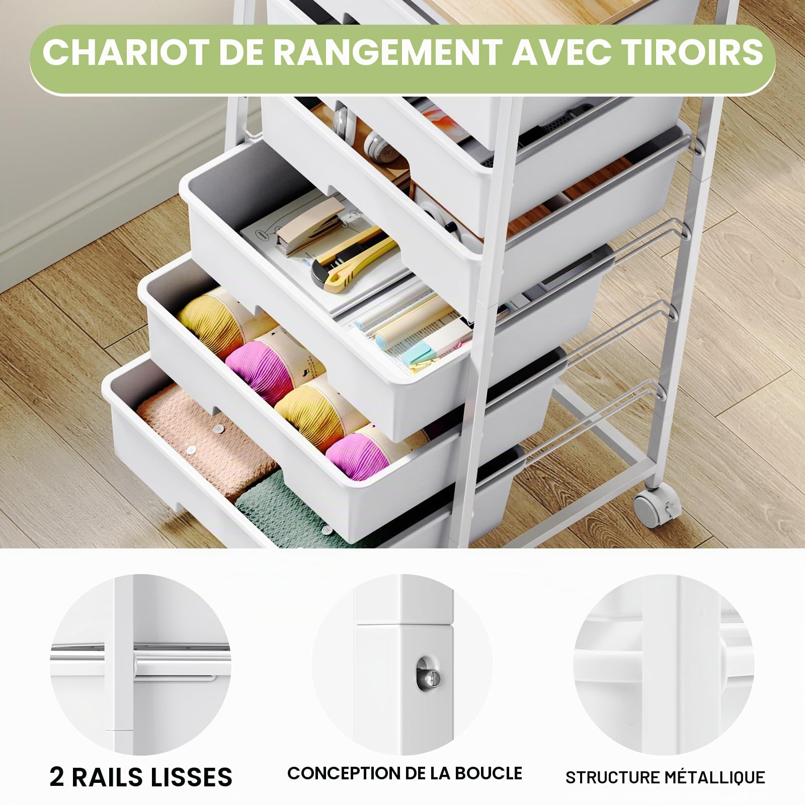 Chariot de rangement mobile à 6 tiroirs avec plateau en bois - Chariot de rangement mobile en plastique solide pour bureau, chambre d'enfant et salle de bricolage - Chariot de salle de bain avec roues