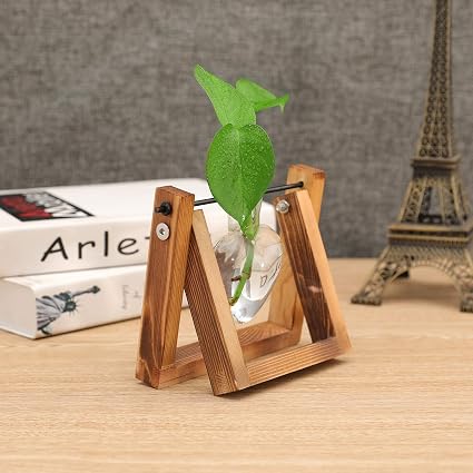 Kingbuy Plant Terrarium with Wooden Stand, Desktop Plant Propagation Station Air Plants Holders Metal Swivel Holder for Hydroponics Home Garden Wedding Decor - 1 Hearted Vase - Image 3