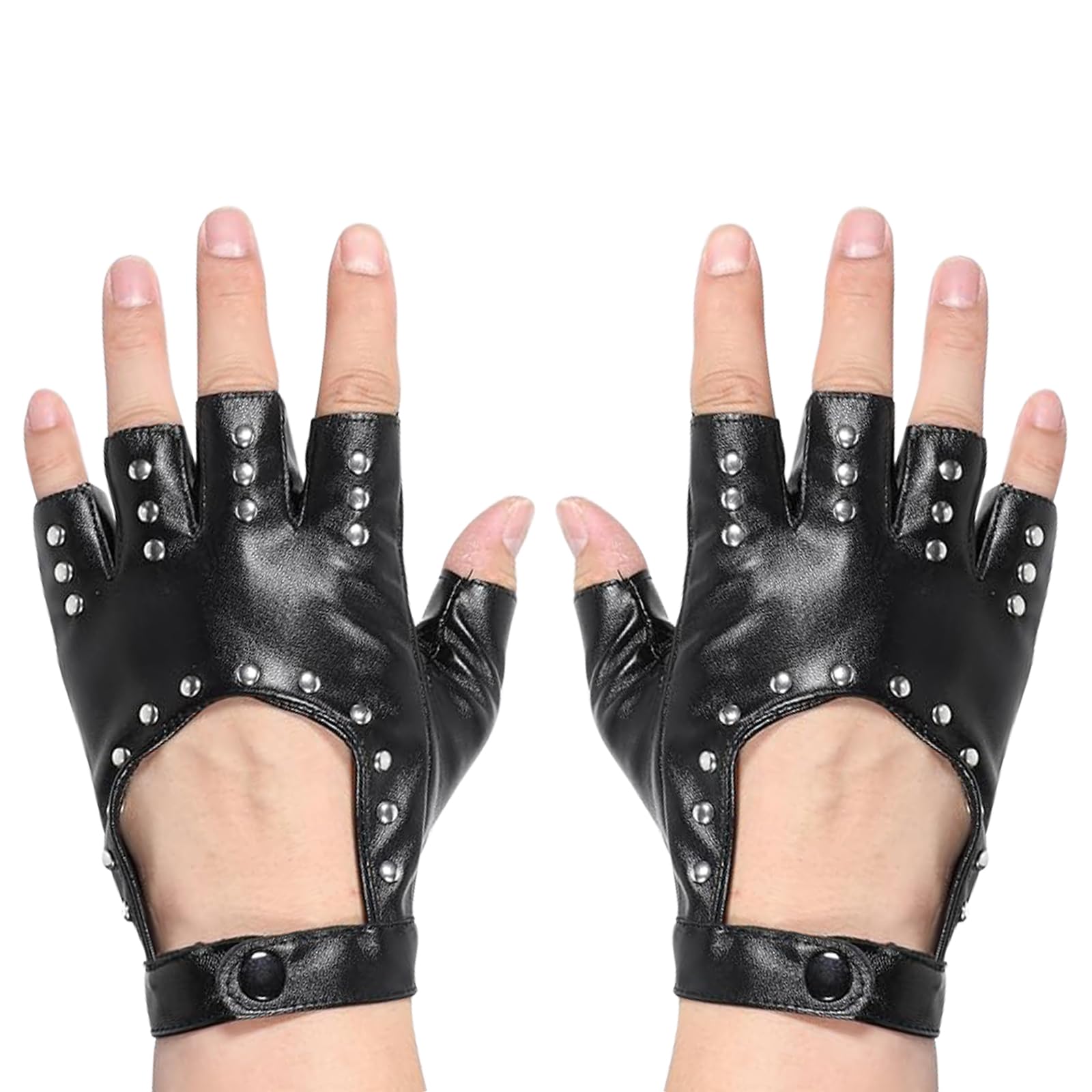 WLICCHS 1 Pair of Women's Fingerless Punk Gloves, Biker Rocker Motorcycle Gothic Leather Gloves with Studs for Cosplay Carnival Costume Accessories, Black