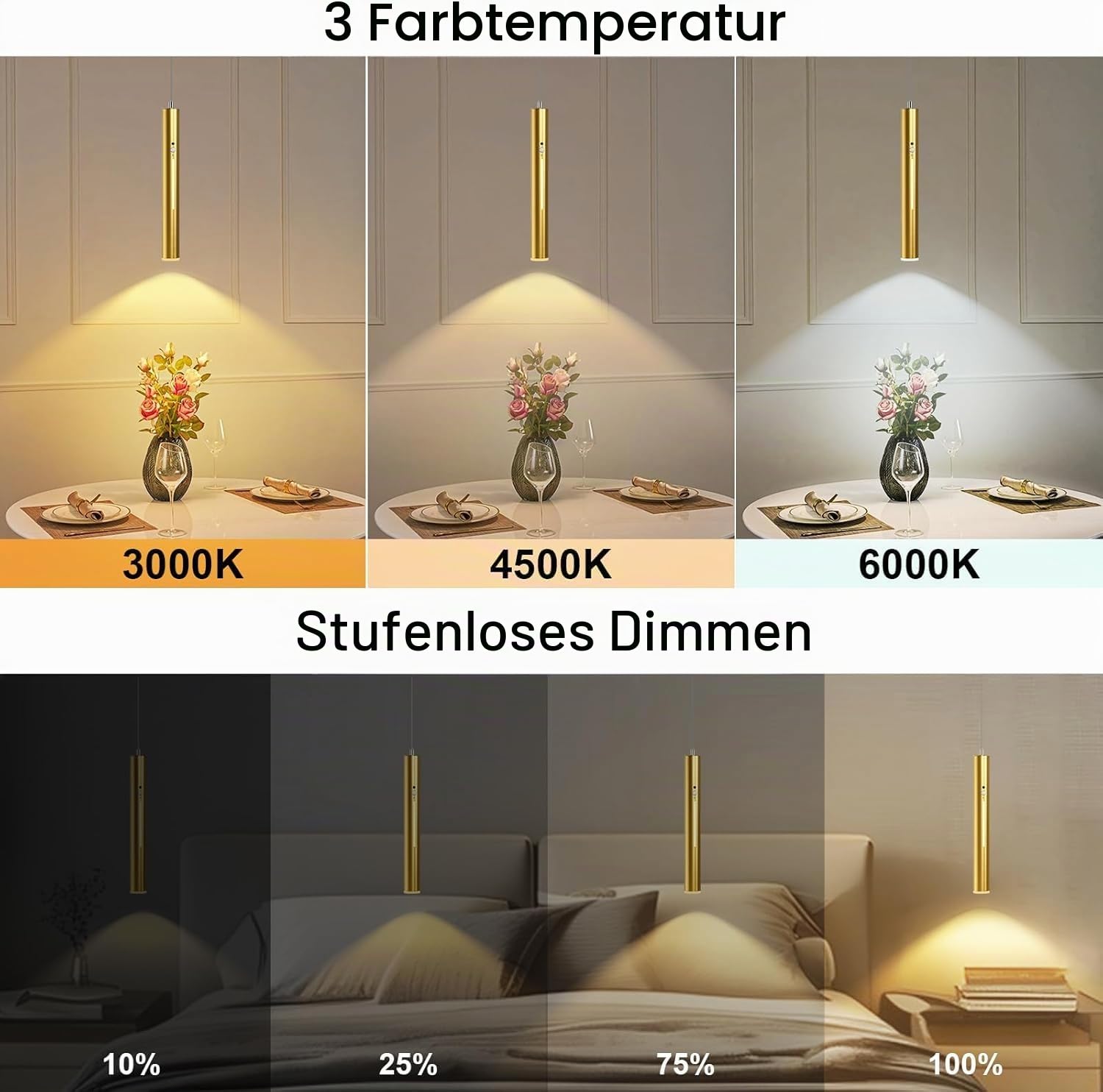 Pendelleuchte Akku mit Bewegungsmelder Dimmbar Hängelampe mit Fernbedienung Touch Steuerung Magnetische Hängeleuchte Hängelampe ohne Innen Nachtlicht für Esstisch Küche Bar Nachttisch (Gold)