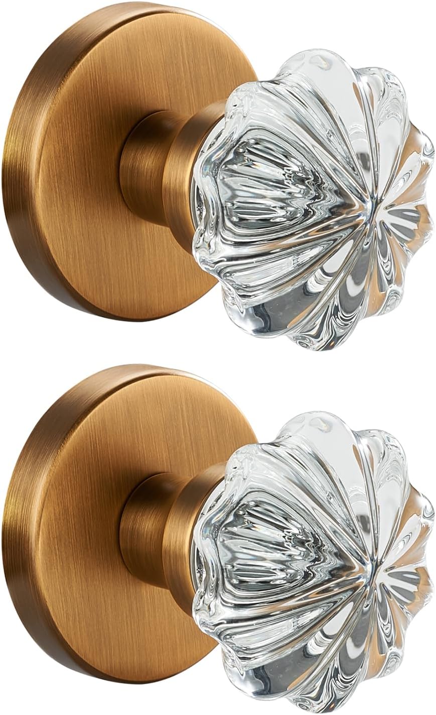 Rotating Dummy Door Knob Set – 2 Pack Clear Crystal Glass Knobs with Antique Amber Brass Rosette, Flower Design Decorative Non-Latching Handle for Closet, French Door, Cabinet