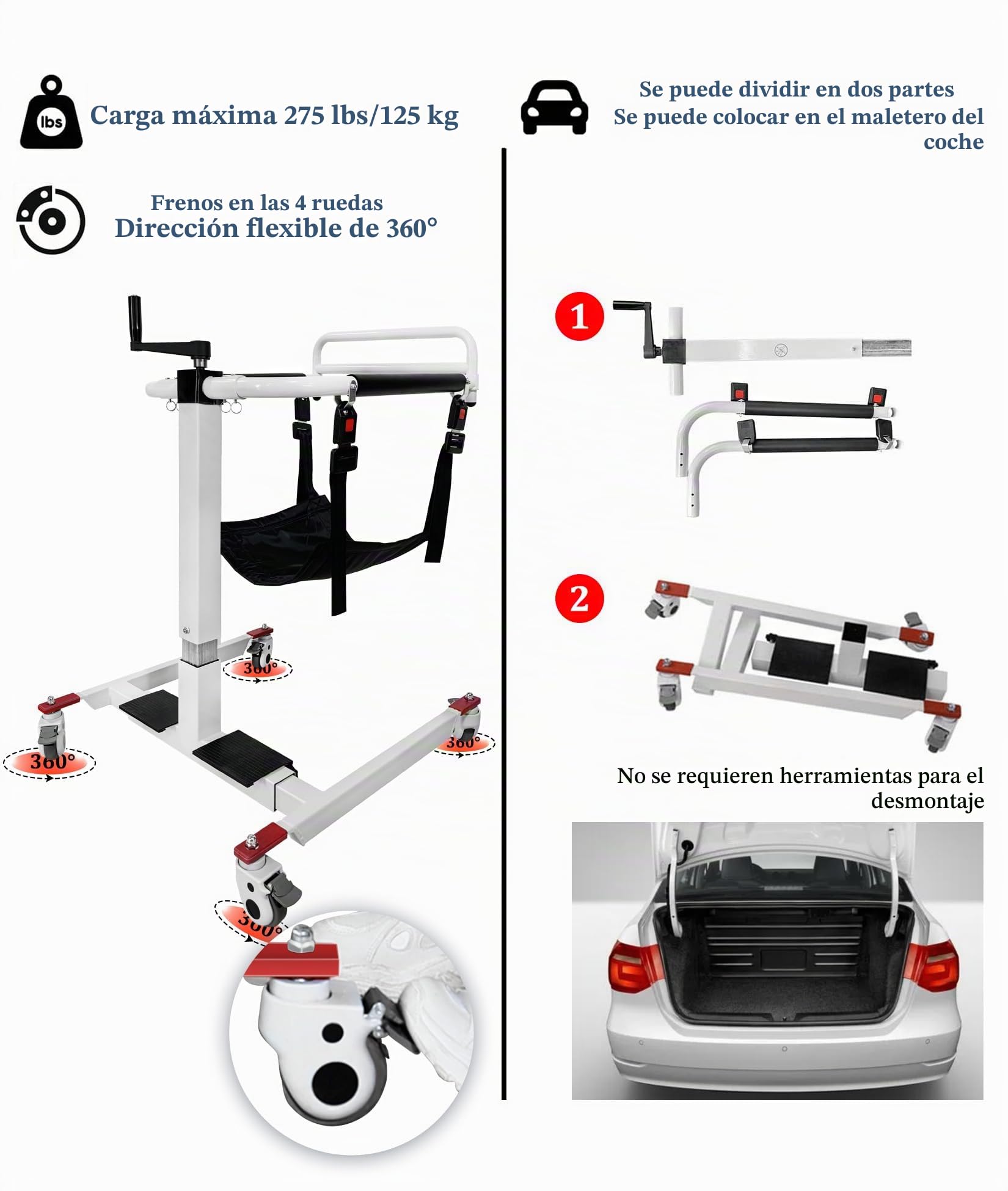 Silla de Transferencia con Grúa Portátil, Elevador de Pacientes Ligero para Hogar, Silla de Ruedas para traslado de Pacientes, Silla de Ducha para Ancianos, Elevador de Pacientes