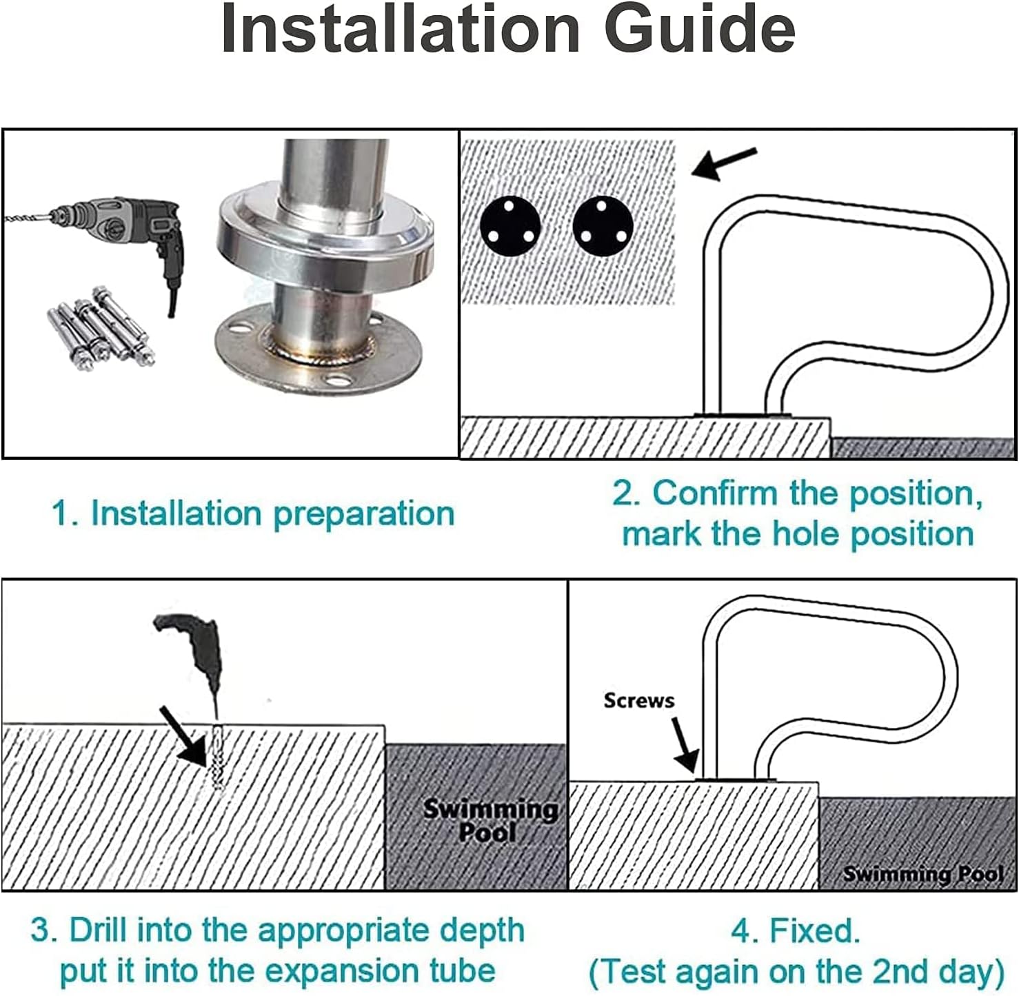 Pool Safety Handrails Pool Railing Water Handrail Deck Mounted Braced Stainless Steel Pool Stair Rail – Easy Mounting Swimming Pool Railing for Residential Use