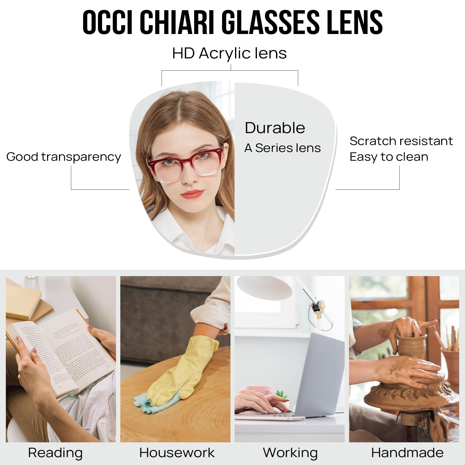 OCCI CHIARI Big Rectangle Plain Glass Spectacles for Women Fashion Blue Light Glasses Women's Rivet Decorated Glasses Spring Hinge (Red-Transparent) - Image 3