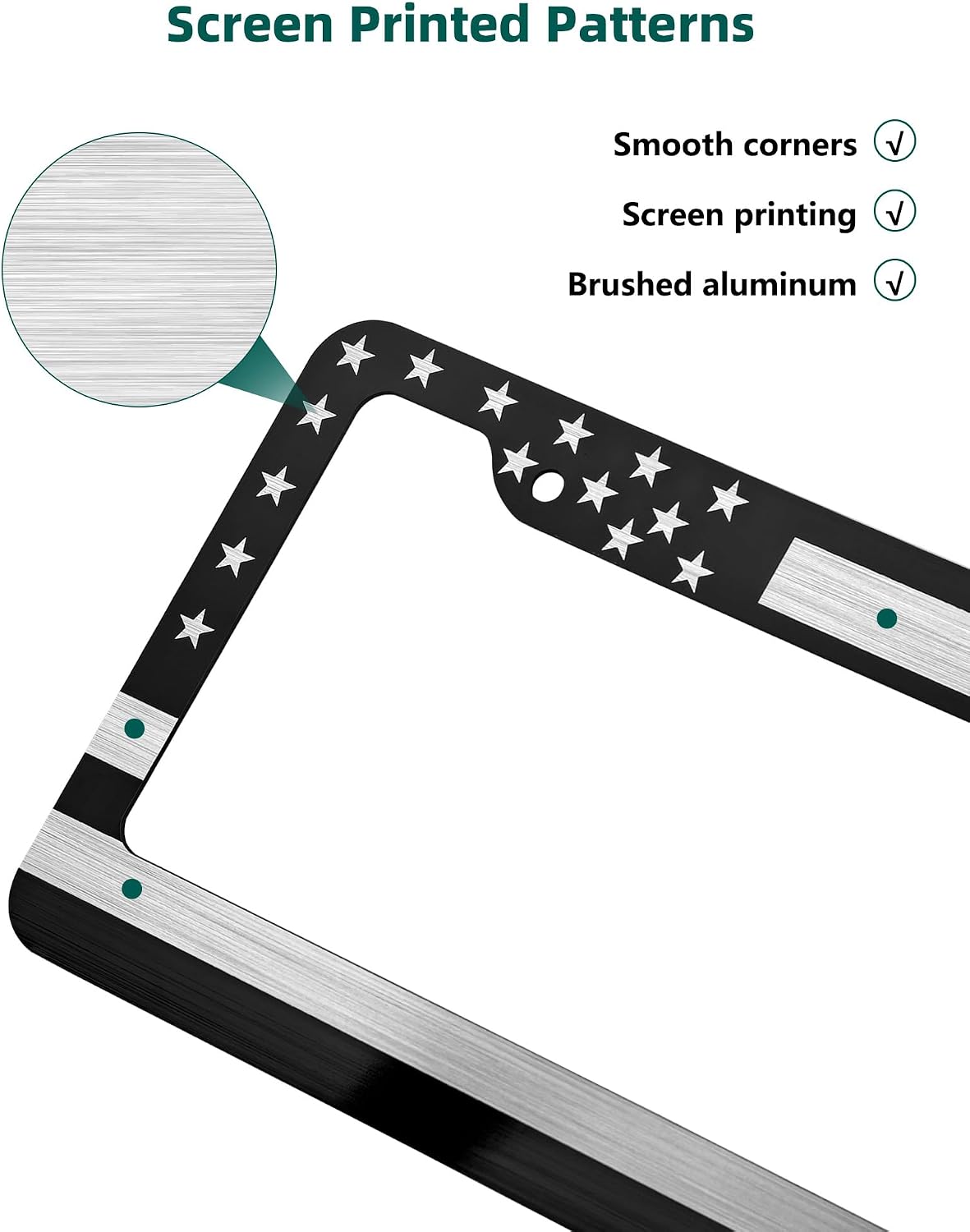 American Flag License Plate Frame - Black Patriotic USA Car Tag Frame Holder 2 Pack in Alum-Plastic Hybrid with Brushed Finish & Screws Caps Decals