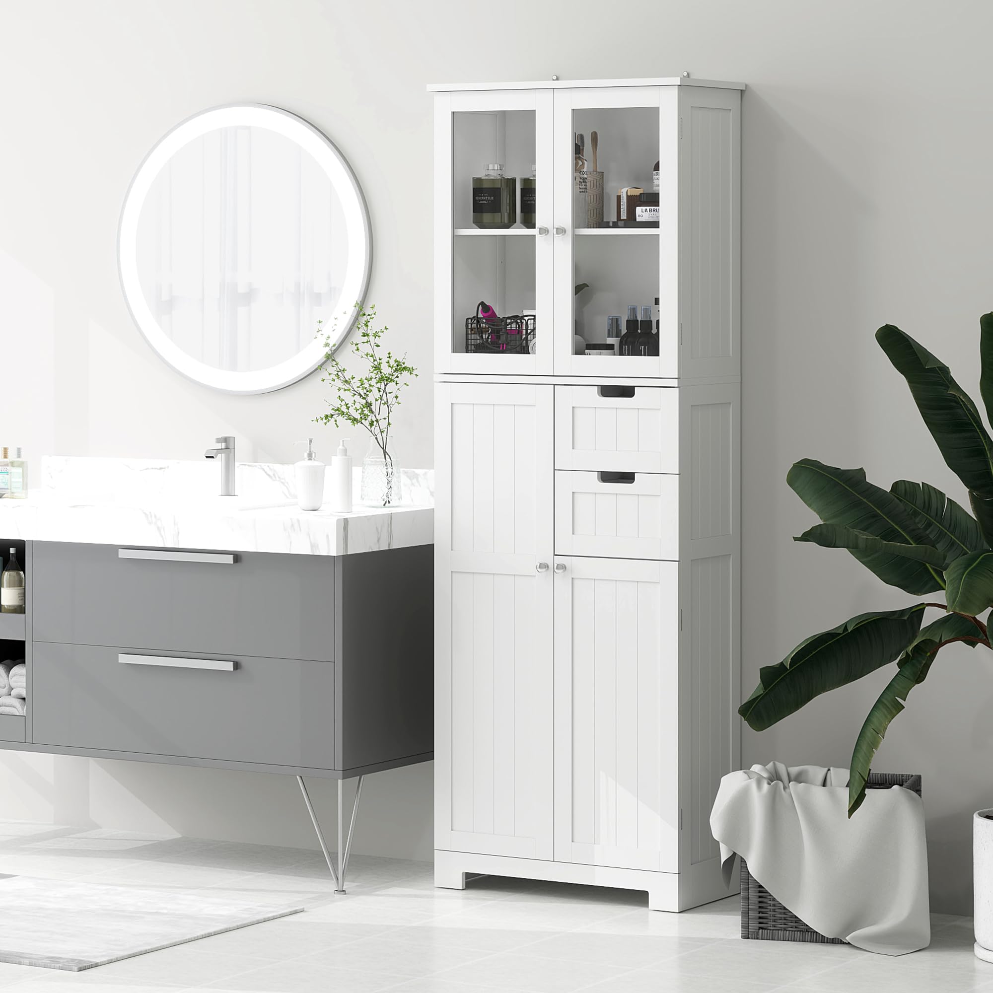 HOMCOM Meuble de Salle de Bain Haut, Meuble de Rangement, Colonne Salle de Bain avec 4 Portes Dont 2 vitrées, 2 tiroirs et étagères réglables, Style Moderne, pour Salon, Chambre, 60x30x170cm, Blanc