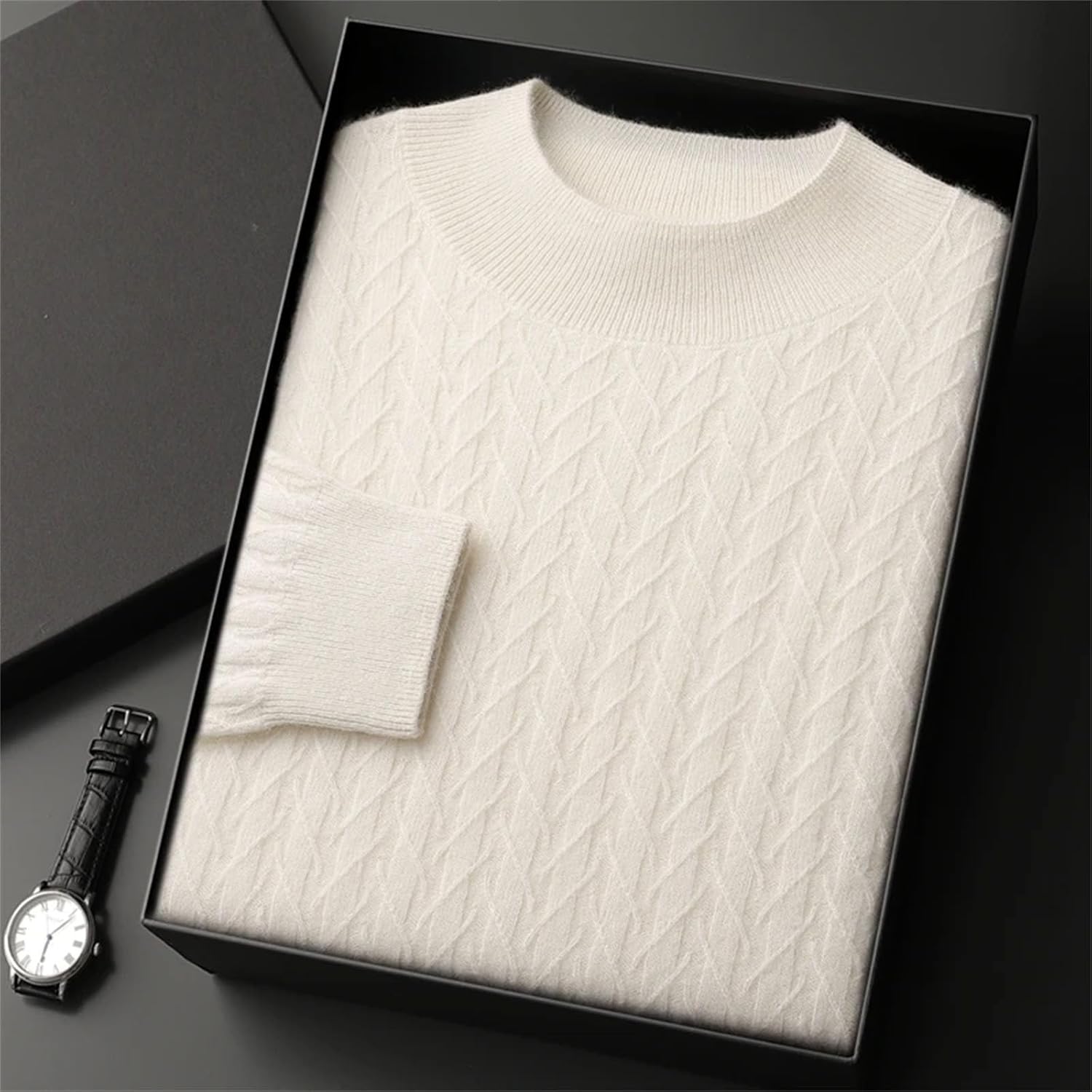 Cashmere Pullover Herringbone Pattern Thick Warm Mock Neck for Men