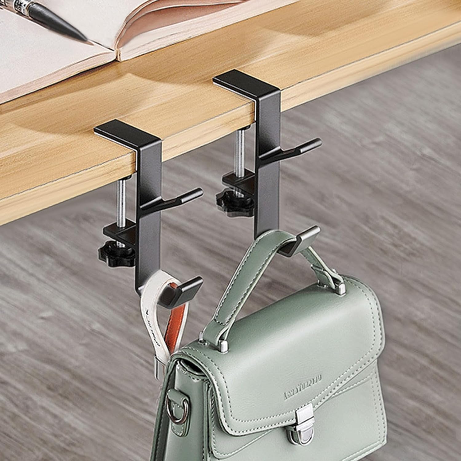 KISOY Desk Purse Hook,Purse Hook for Table Purse Hanger Desk Clamp Headphone Holder, Adjustable Table Hook Hanger for Bags and Accessories (Style1(Black), 4)