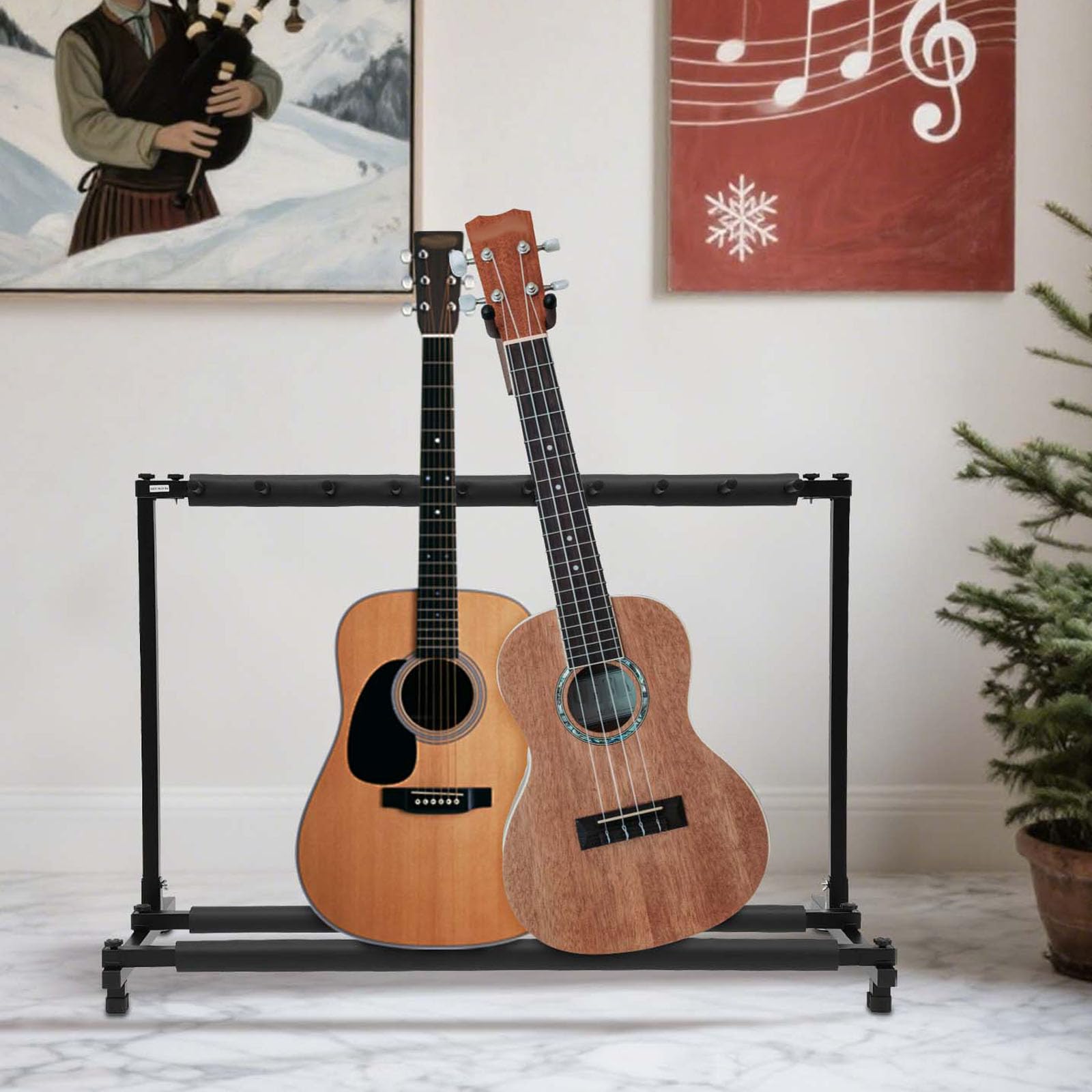 Stojak na gitarę, 9 przestrzeni, składany stojak na gitarę, wielokrotny, stojak basowy, stojak na gitarę, stabilny wyświetlacz, 110 x 47 x 73 cm, do gitary akustycznej, gitary elektrycznej, torba na