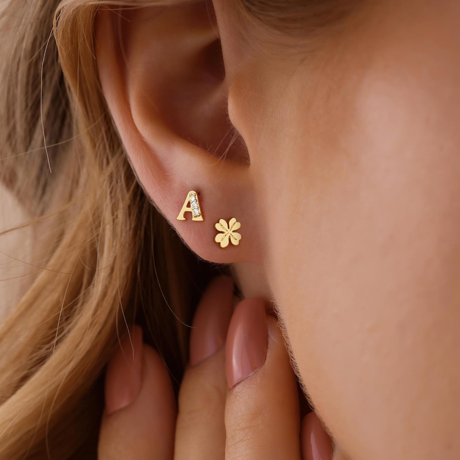 Ritach Initial Stud Earrings for Girls Women - 2 Pairs S925 Sterling Silver Post Lucky Clover Stud Earrings Hypoallergenic Gold Earrings Set Cartilage Initial Earrings for Girls Kids Teen Girl Gifts - Image 2