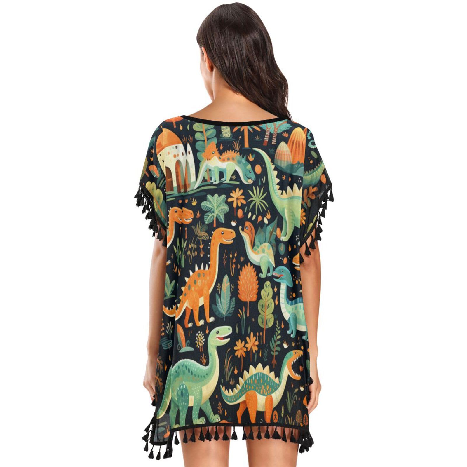 KAAVIYO Cartoon Green Dinosaurs Women's Beach Cover Up Chiffon Tassel Swimwear Swimsuit Coverups for Girl