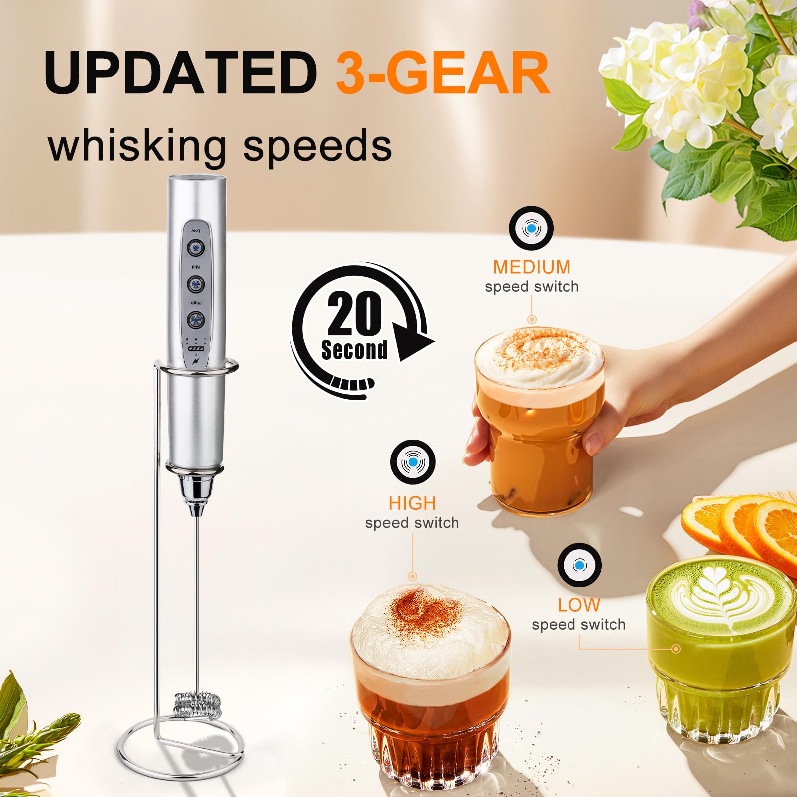 Mousseur à Lait Électrique, Batteur à Œufs Portatif, Mixeur à Main Rechargeable USB, Mini Fouet avec 3 Vitesses de Fouet pour Latte Cappuccino Chocolat Chaud Frappe Matcha