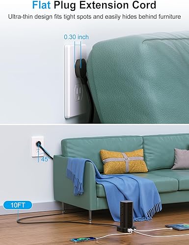Miniatura 3 de Regleta de alimentación con cargador inalámbrico, protector de sobretensiones de enchufe plano con cable de extensión de 6 pies, 12 tomas de