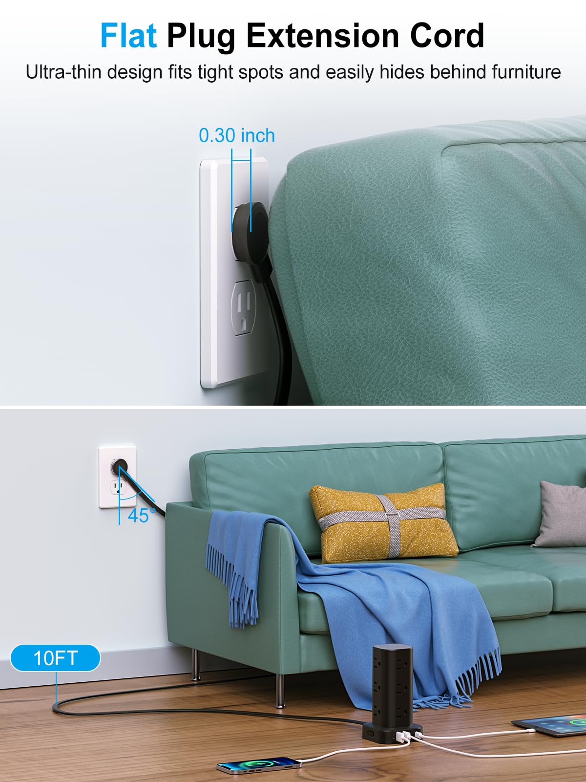 Multiprise avec chargeur sans fil, parasurtenseur à prise plate avec rallonge de 1,8 m, 12 prises CA multiples, 4 USB (2 USB C), tour d'alimentation