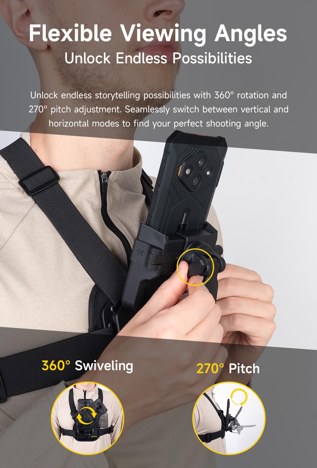 Armor Mount Go verstellbare Brustgurt-Halterung, Schnellentriegelung, 360° drehbar und 270° Neigung für Smartphone & Action-Kamera, passend für 55–80 mm Breite, max. 13 mm Dicke, ideal für POV-Filme
