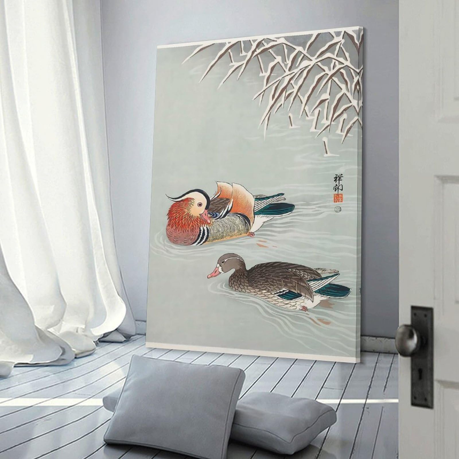 Junmoney Mandarin Ducks Ohara Koson Canvas Art Print 08x12inch(20x30cm), for Calm Bedrooms, Home Corners Or Flats, An Easy Wall Refresh for Bedrooms