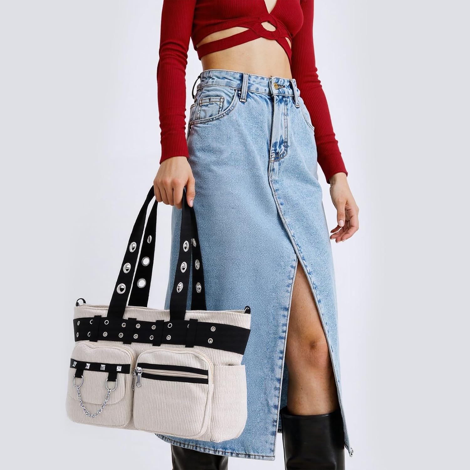 SUKUTU Goth Tote Bag for Women Corduroy Gothic Purse Large Punk Shoulder Bag for College Work Travel - Image 2