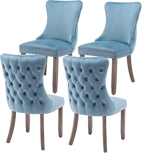 Miniatura 25 de Juego de 4 sillas de comedor de terciopelo negro, sillas de comedor tapizadas con respaldo copetudo con patas de madera maciza, sillas de comedor