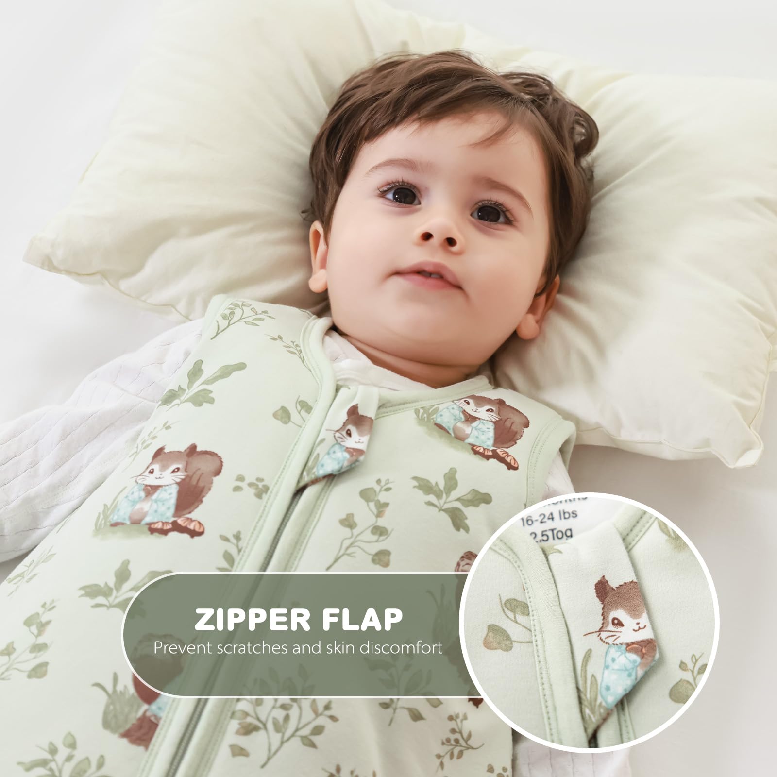 Mosebears Sacco nanna invernale per bambini, 2,5 tog, 100% cotone, per diverse misure dalla nascita all'età di 24 mesi(Green Animal,6-12 mesi)