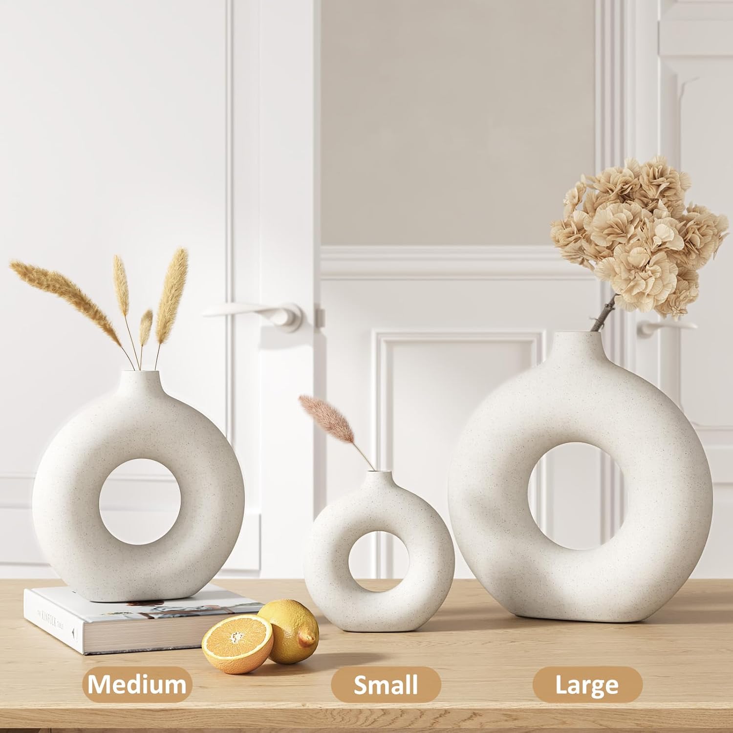 Cream White Donut Vase 9 Inch Hollow Ceramic Vase for Flowers Pampas Grass Home Decor, Modern Minimalist Boho Style Decorative Circle Vase for Living Room, Dining Tabletop, Office, Farmhouse