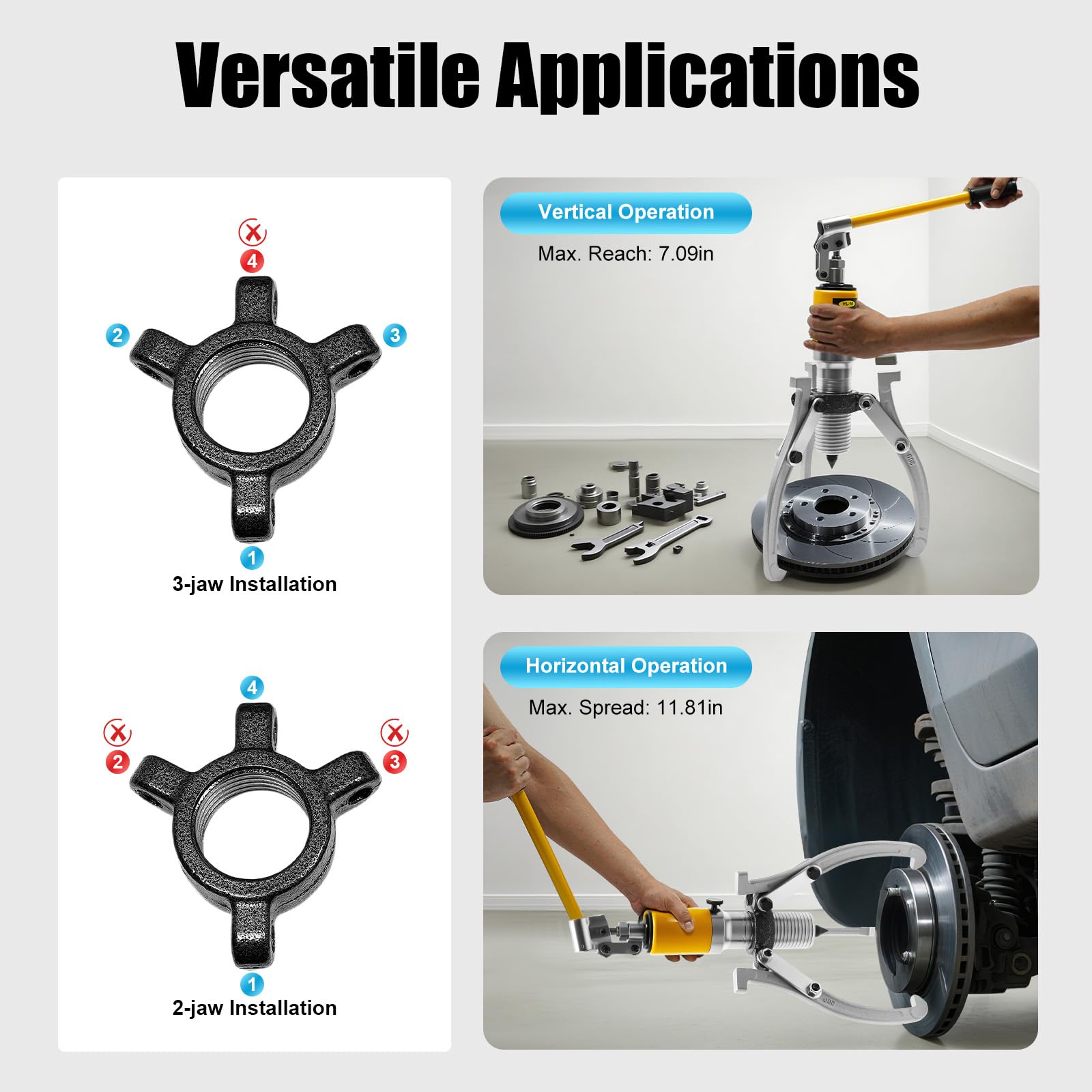Juego de extractores hidráulicos de 15T con 3 garras – Extractor manual de engranajes para rodamientos, ejes y poleas, máxima envergadura de 300mm, en maletín de herramientas (automoción e industria)